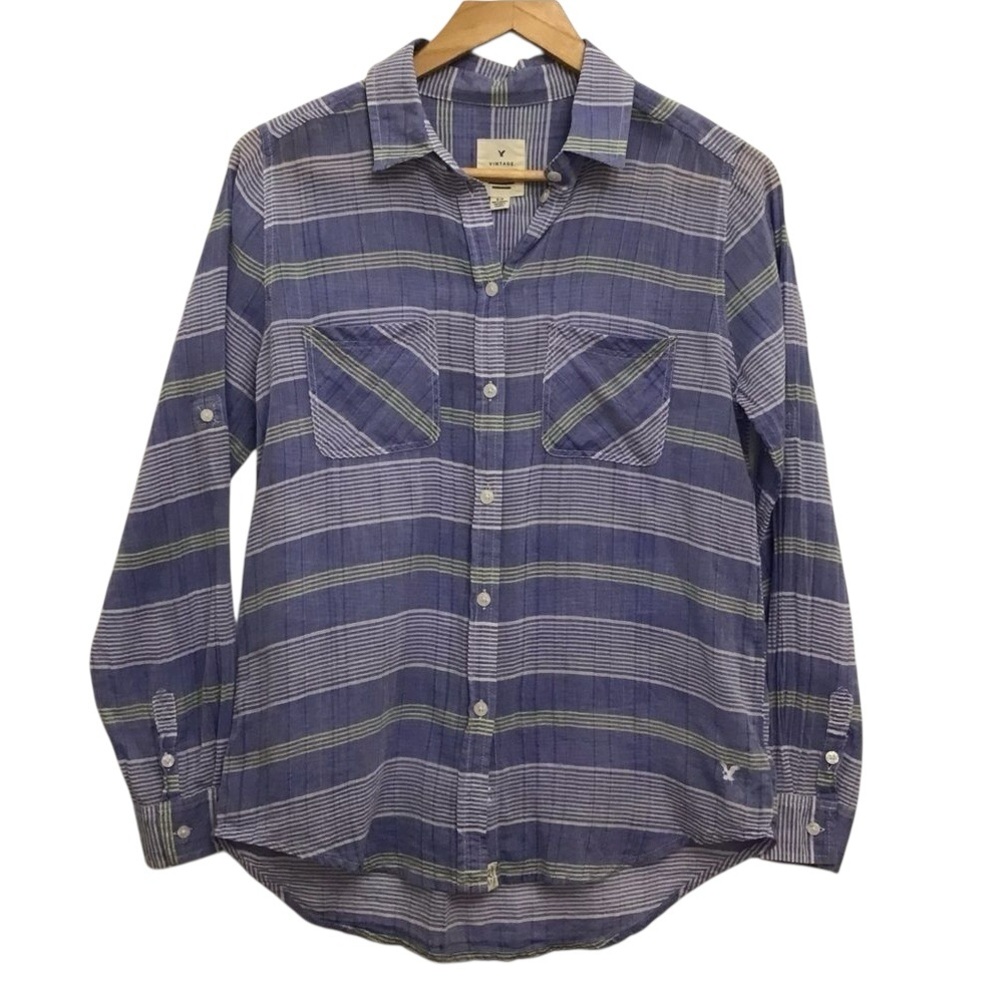 2/40$AEO plaid blue Vintage boyfriend cotton button down blouse Small CORNFLOWER